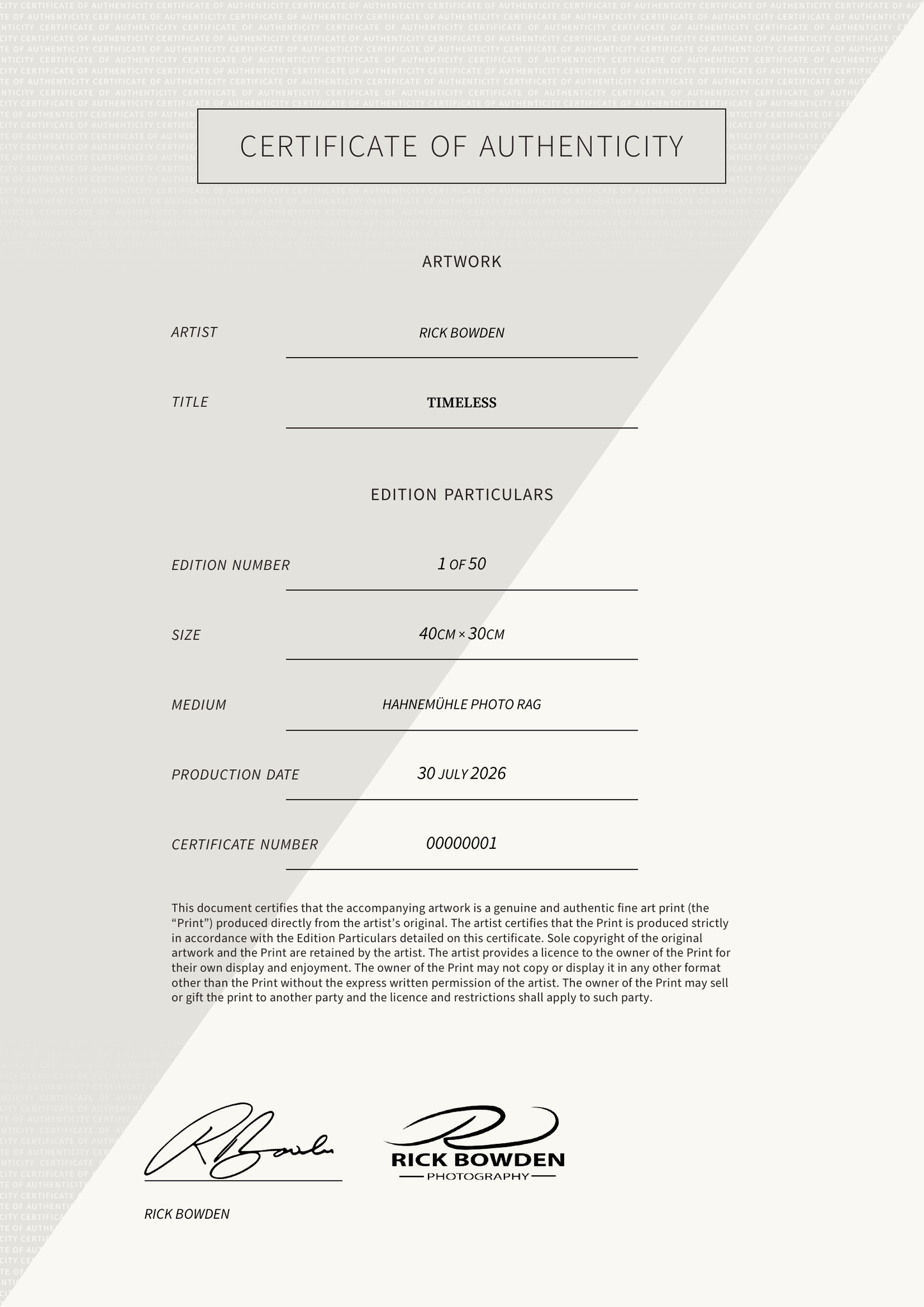 Timeless — Certificate of Authenticity